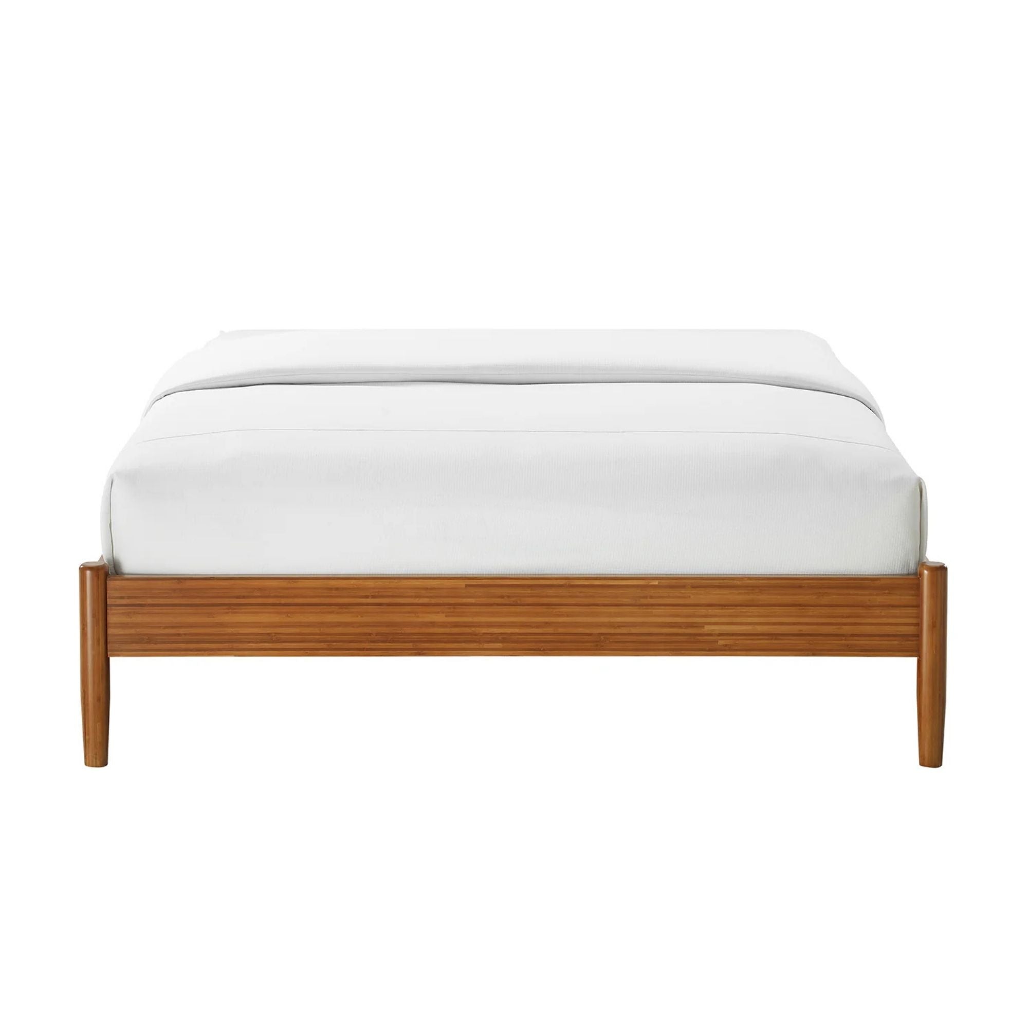 Wooden bed frame with white mattress on a white background front view