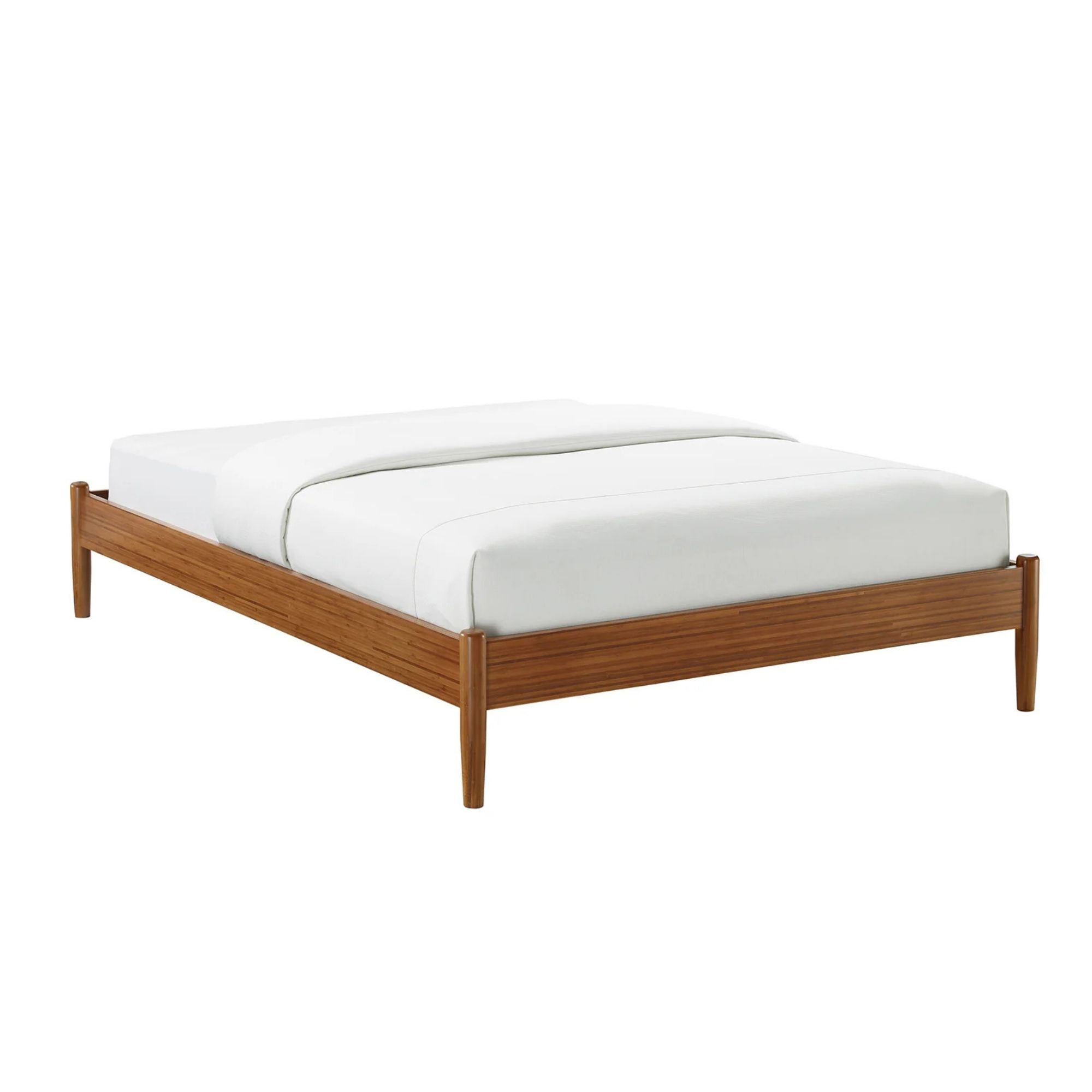 Wooden bed frame with white mattress on a white background
