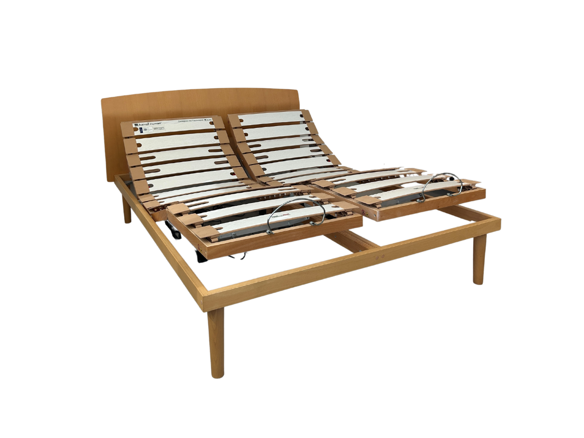 Wooden adjustable bed with white background