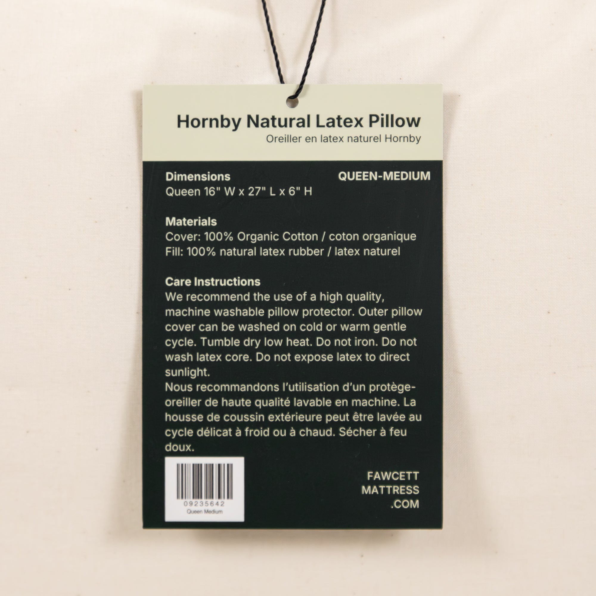 Hornby Natural Talalay Latex Pillow hang tag clsoe up