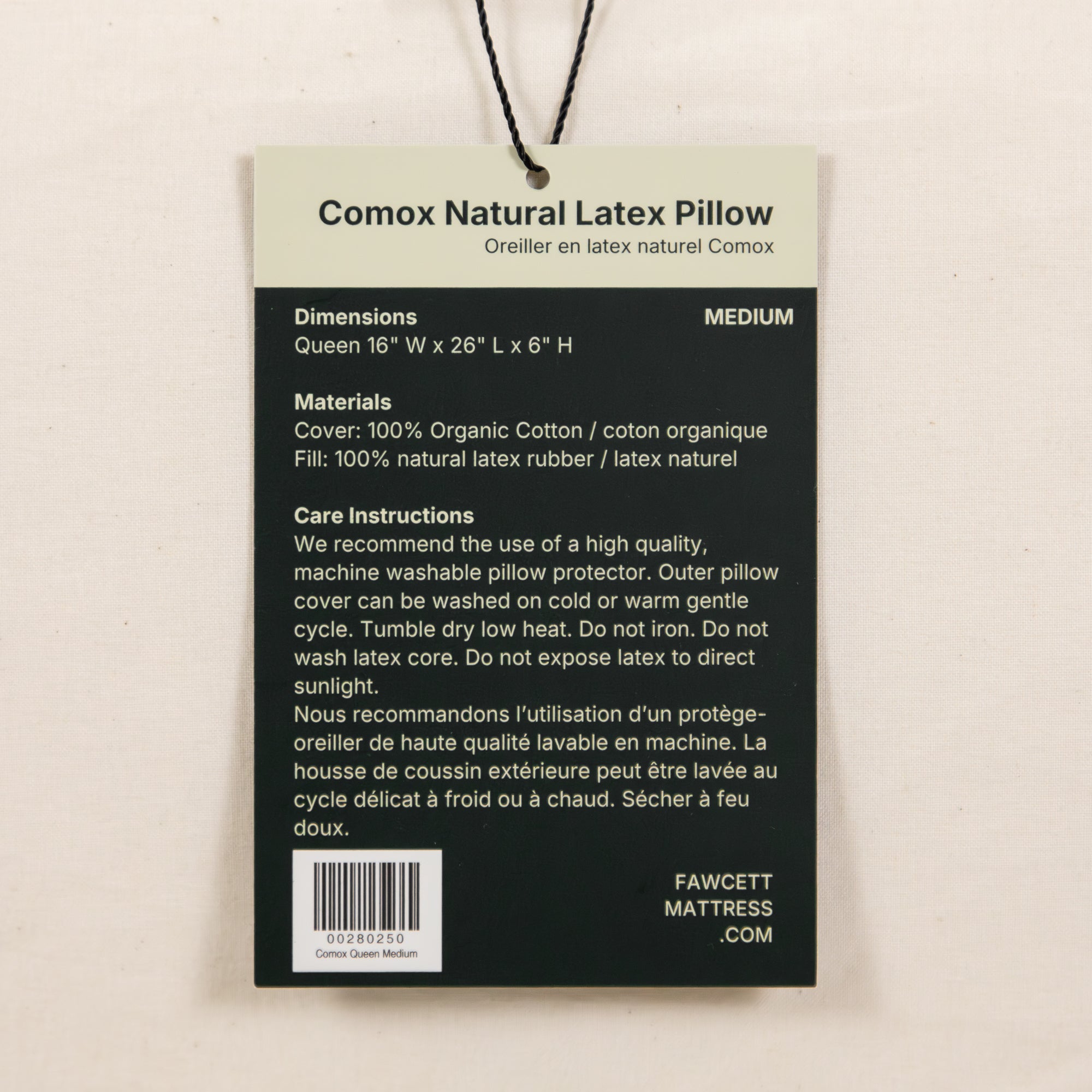 Comox latex pillow hang tag