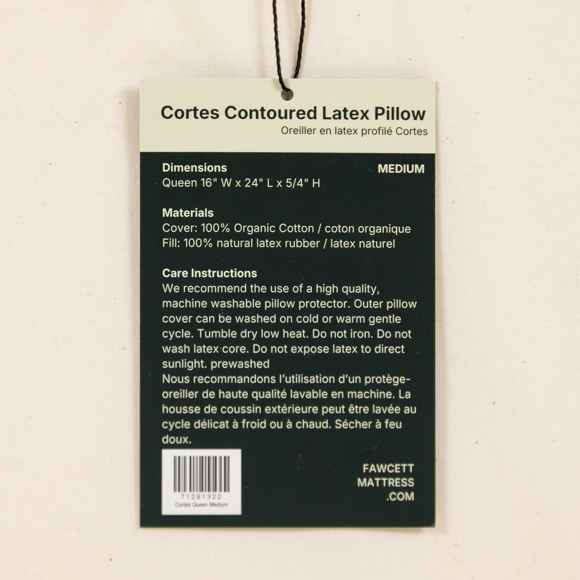 Cortes Contoured Natural Talalay Latex hang tag close up