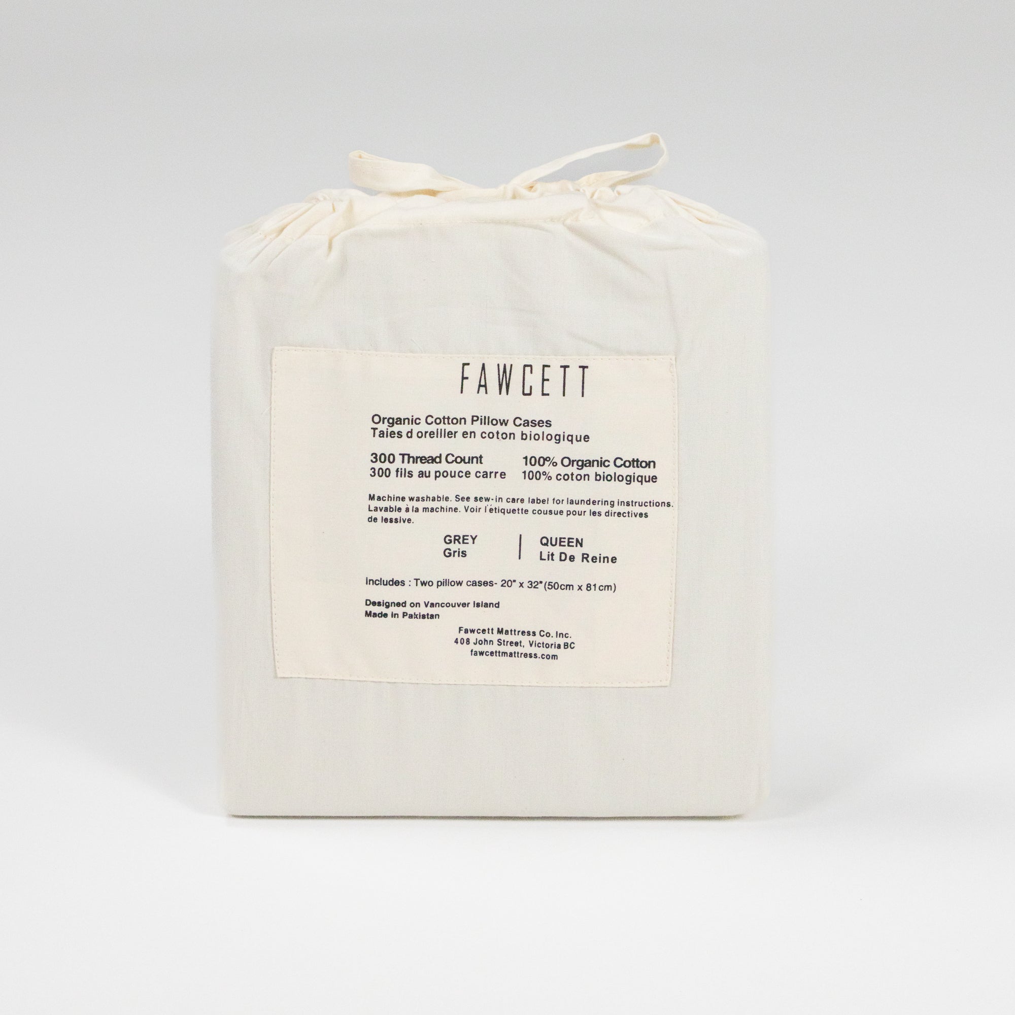 Fawcett Organic Cotton Pillow Cases packaging back grey