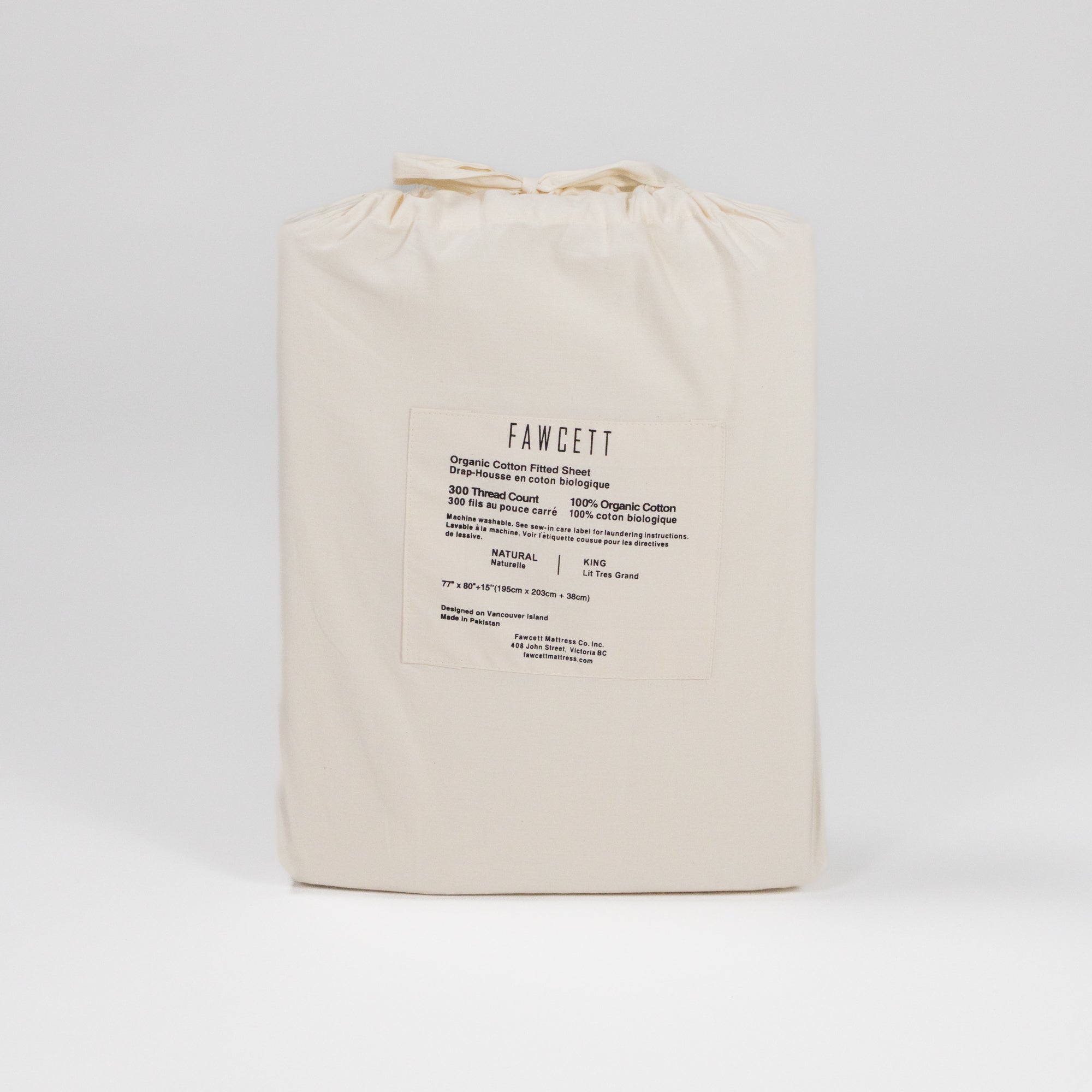 Fawcett Organic Cotton Fitted Bed Sheet in packaging back natural