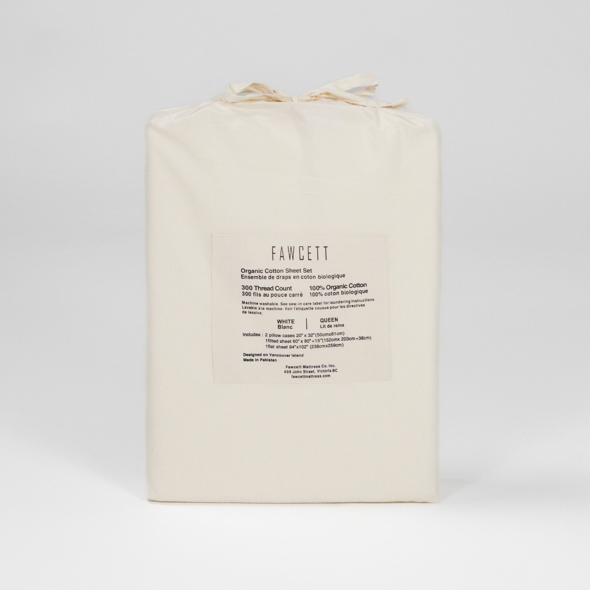 Fawcett Organic Cotton Bed Sheet Set packaging back white