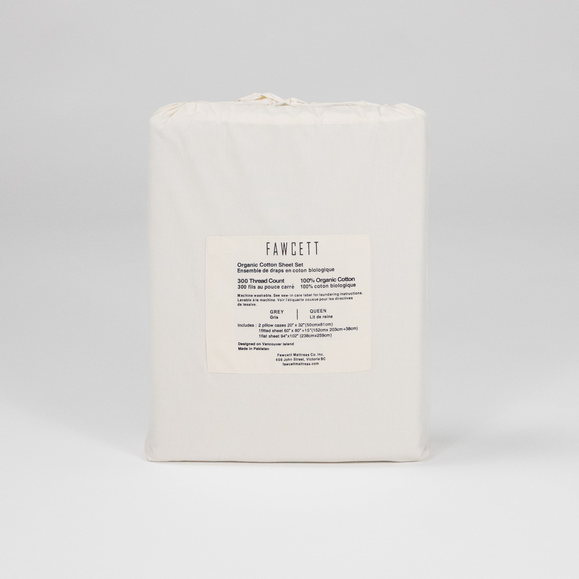 Fawcett Organic Cotton Bed Sheet Set packaging back grey