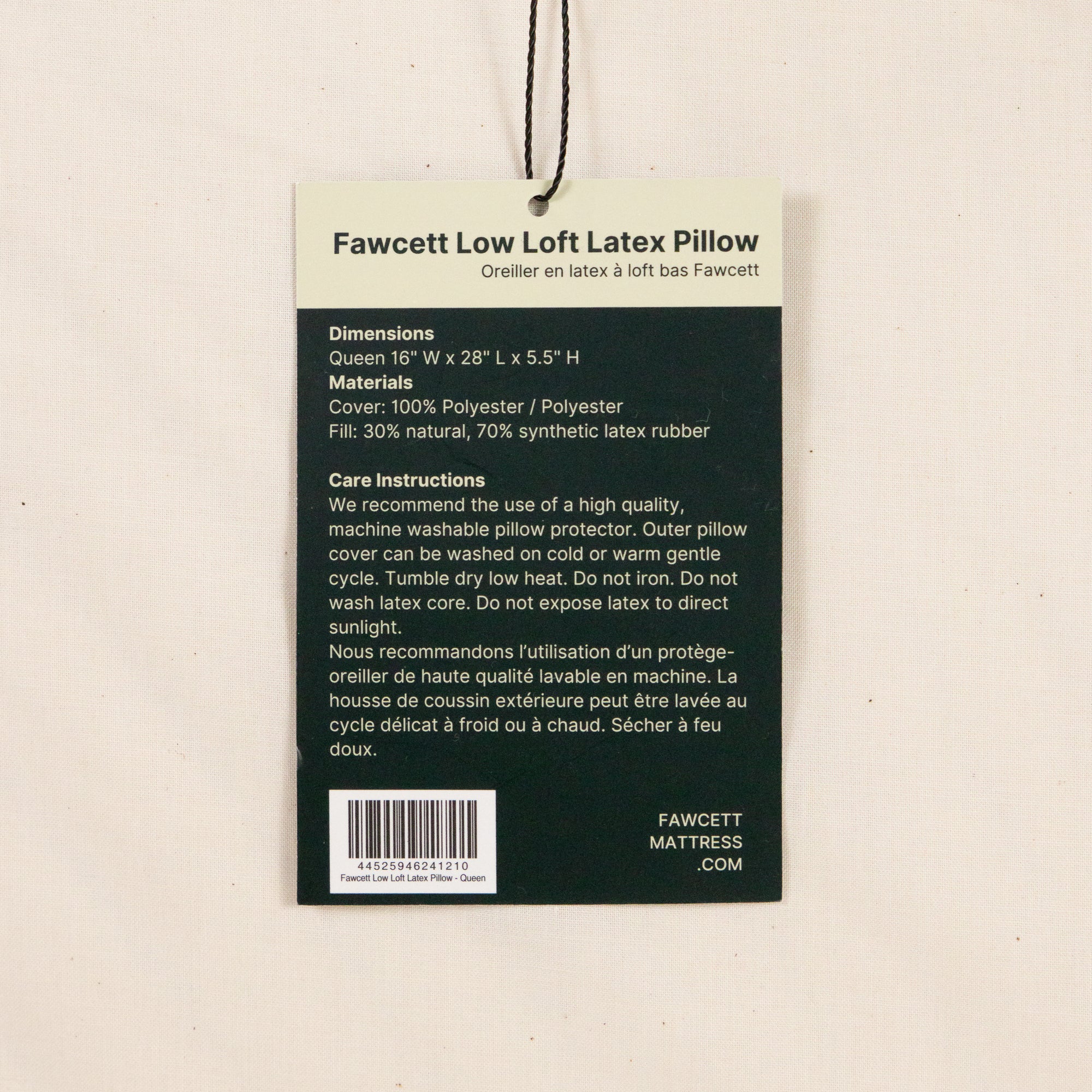 Low loft latex pillow hang tag
