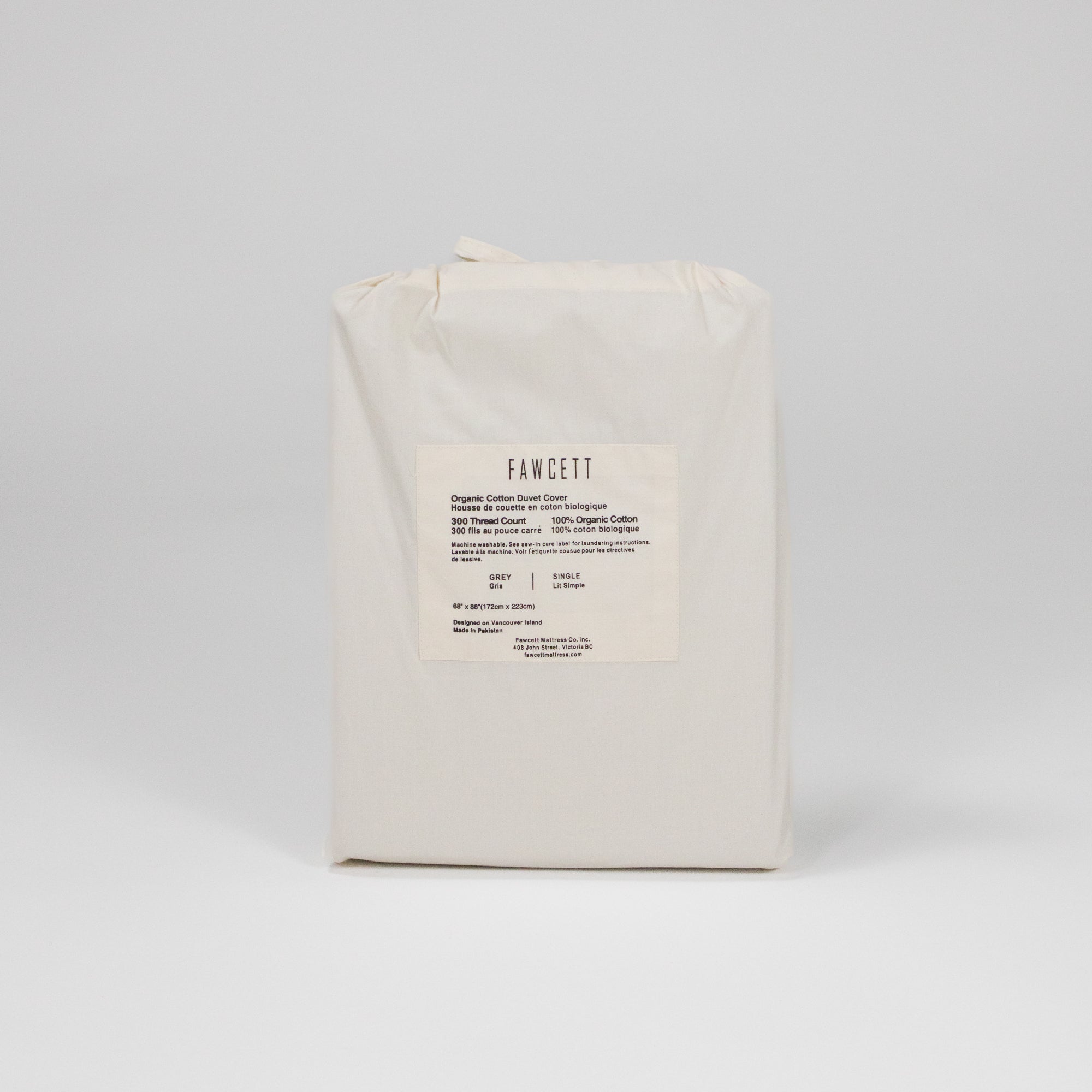 organic cotton duvet cover in packaging back grey