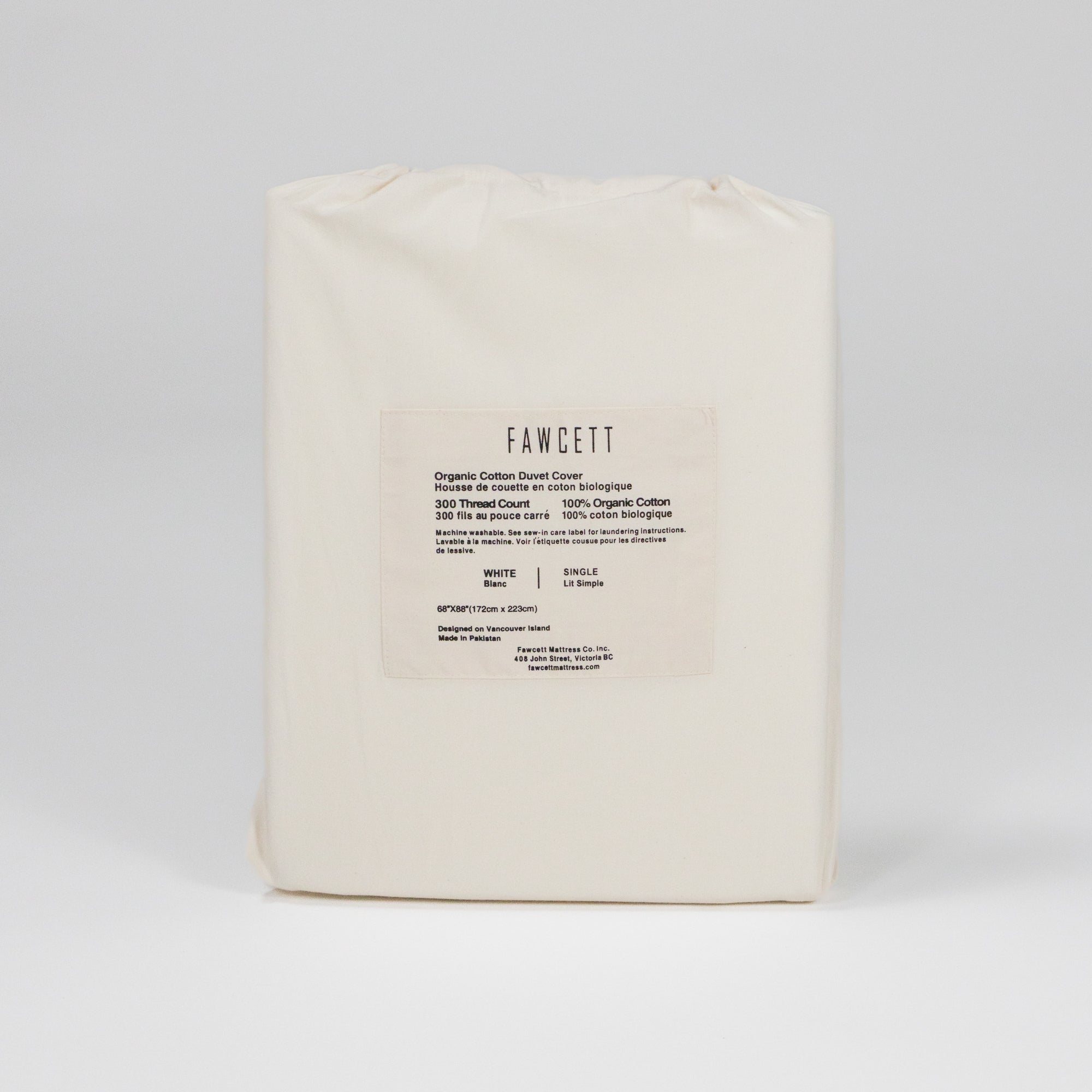 organic cotton duvet cover in packaging back white