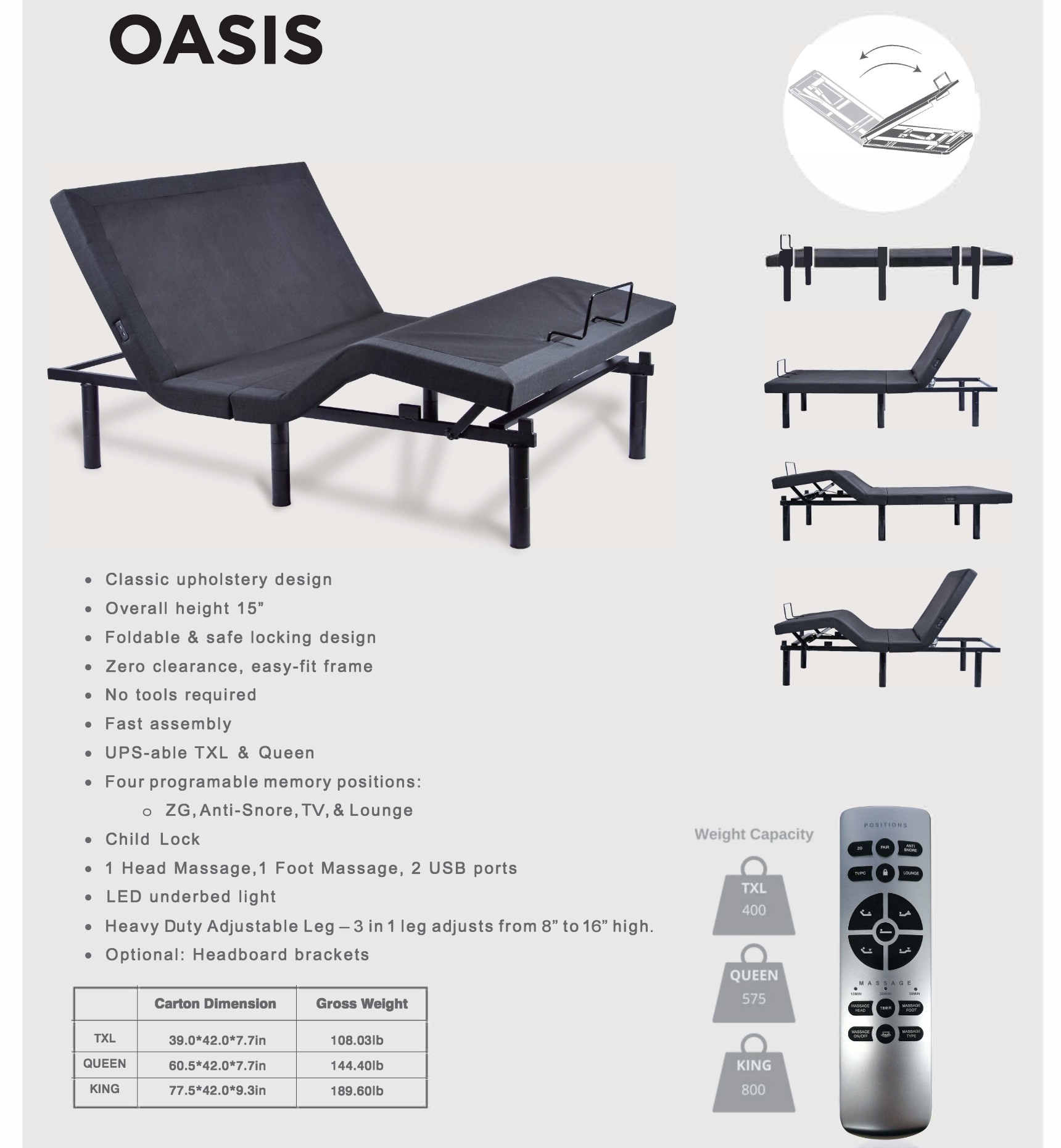 Oasis adjustable bed spec sheet