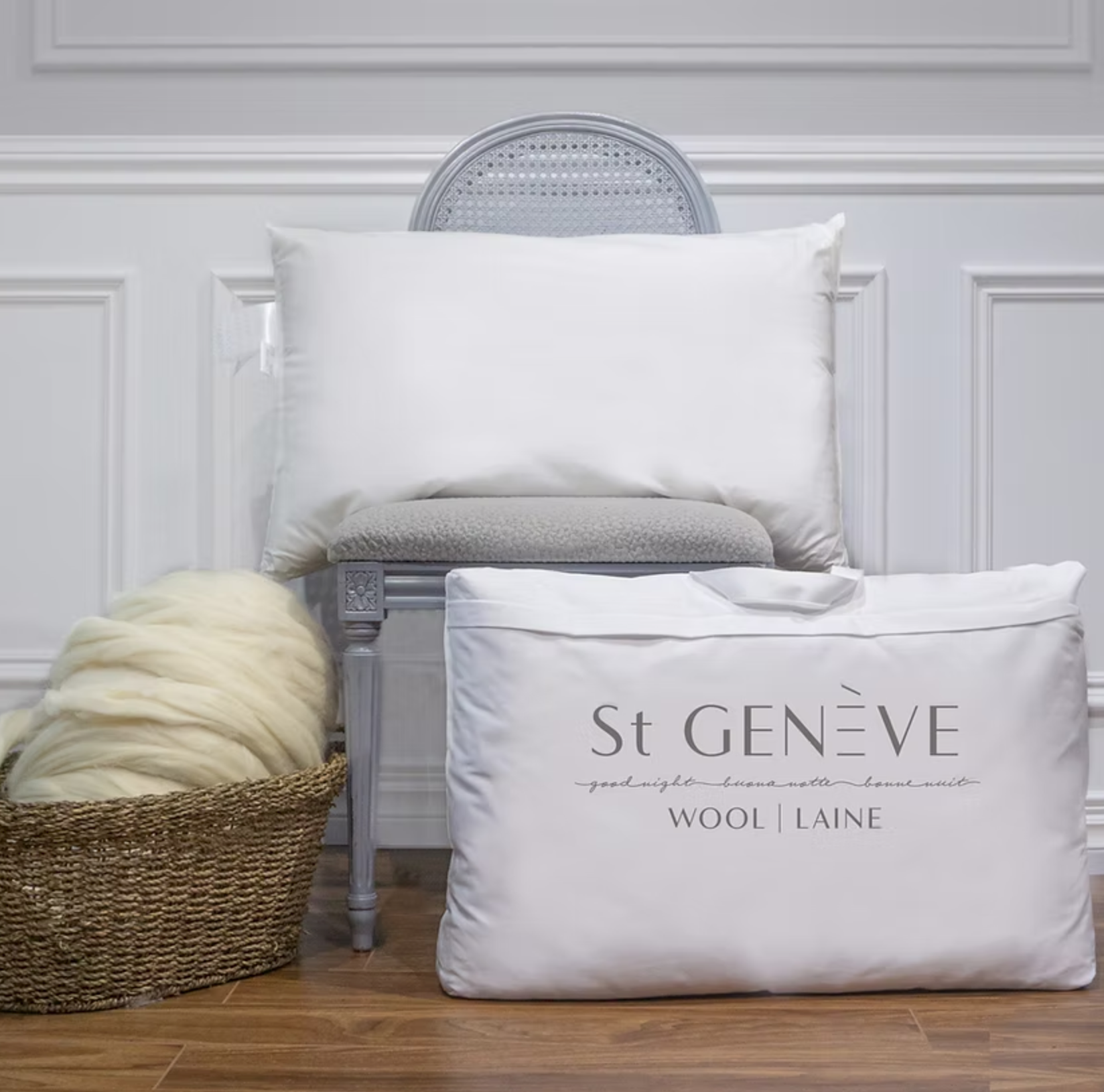 Piatra Wool Pillow on chair in packaging