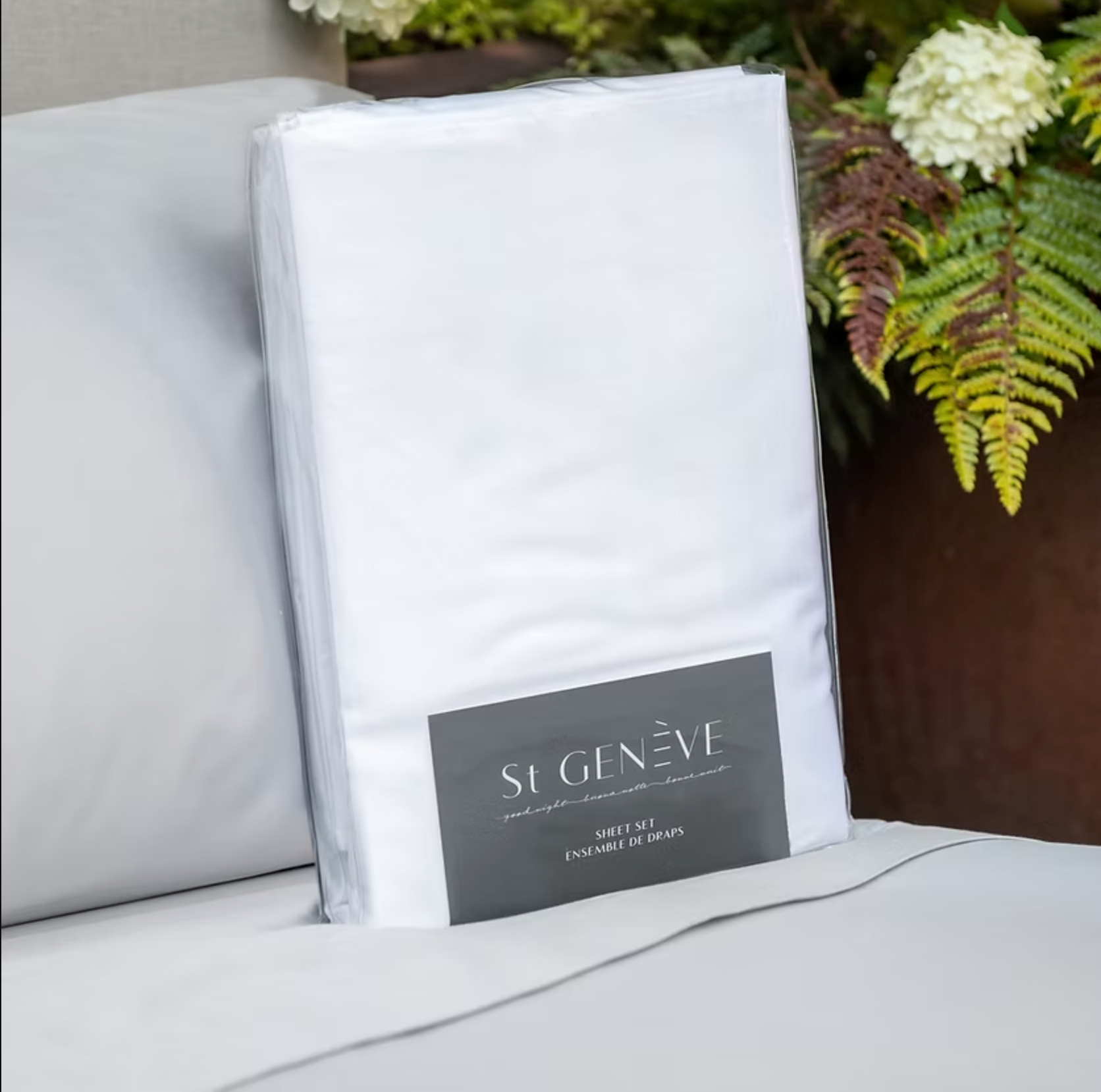 Porto Cotton Sateen Sheet Set in packaging