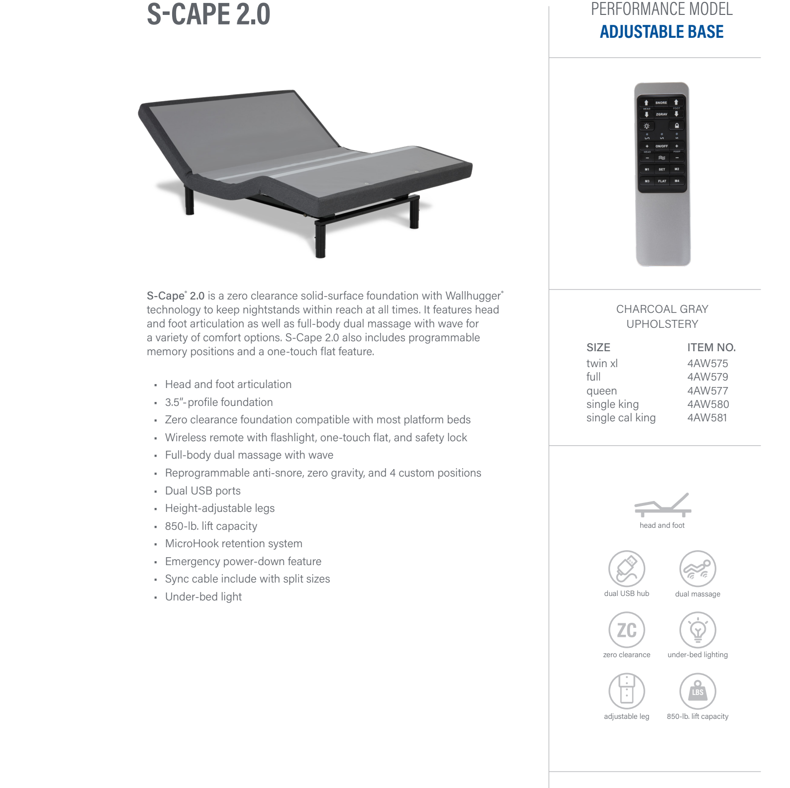 S-Cape 2.0 adjustable base bed with specifications and features on a white background