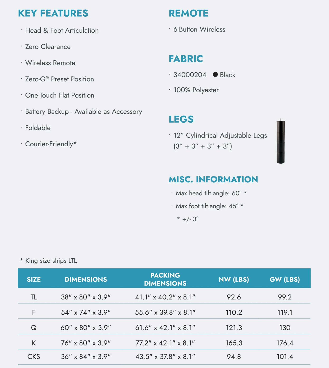 Rio 2.0 adjustable bed specifications sheet
