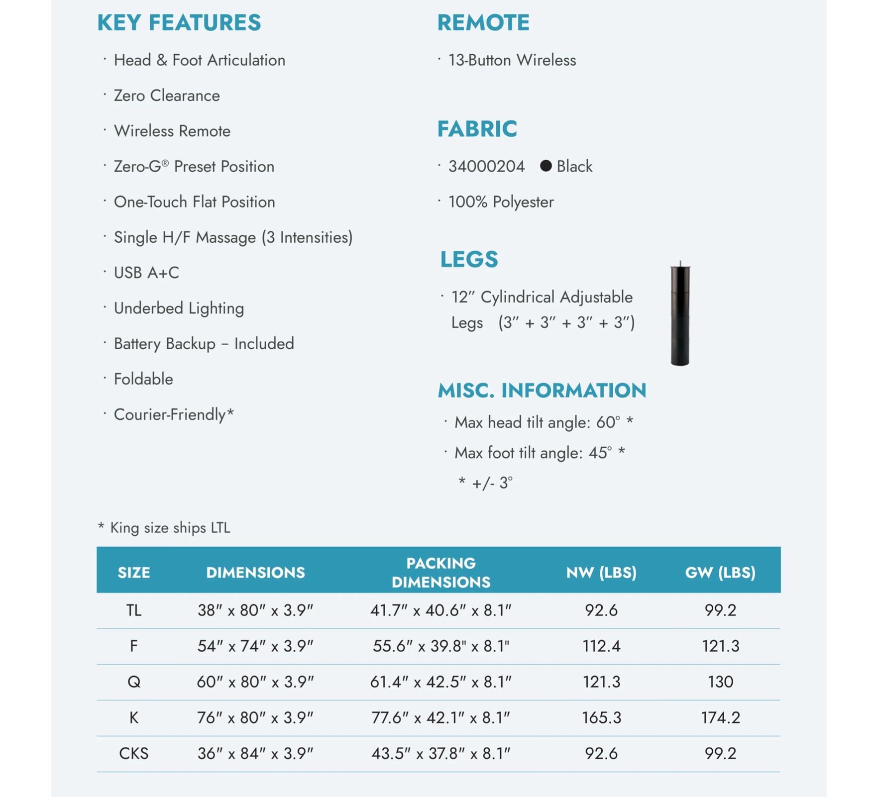 Rio 4.0 Adjustable Bed specifications