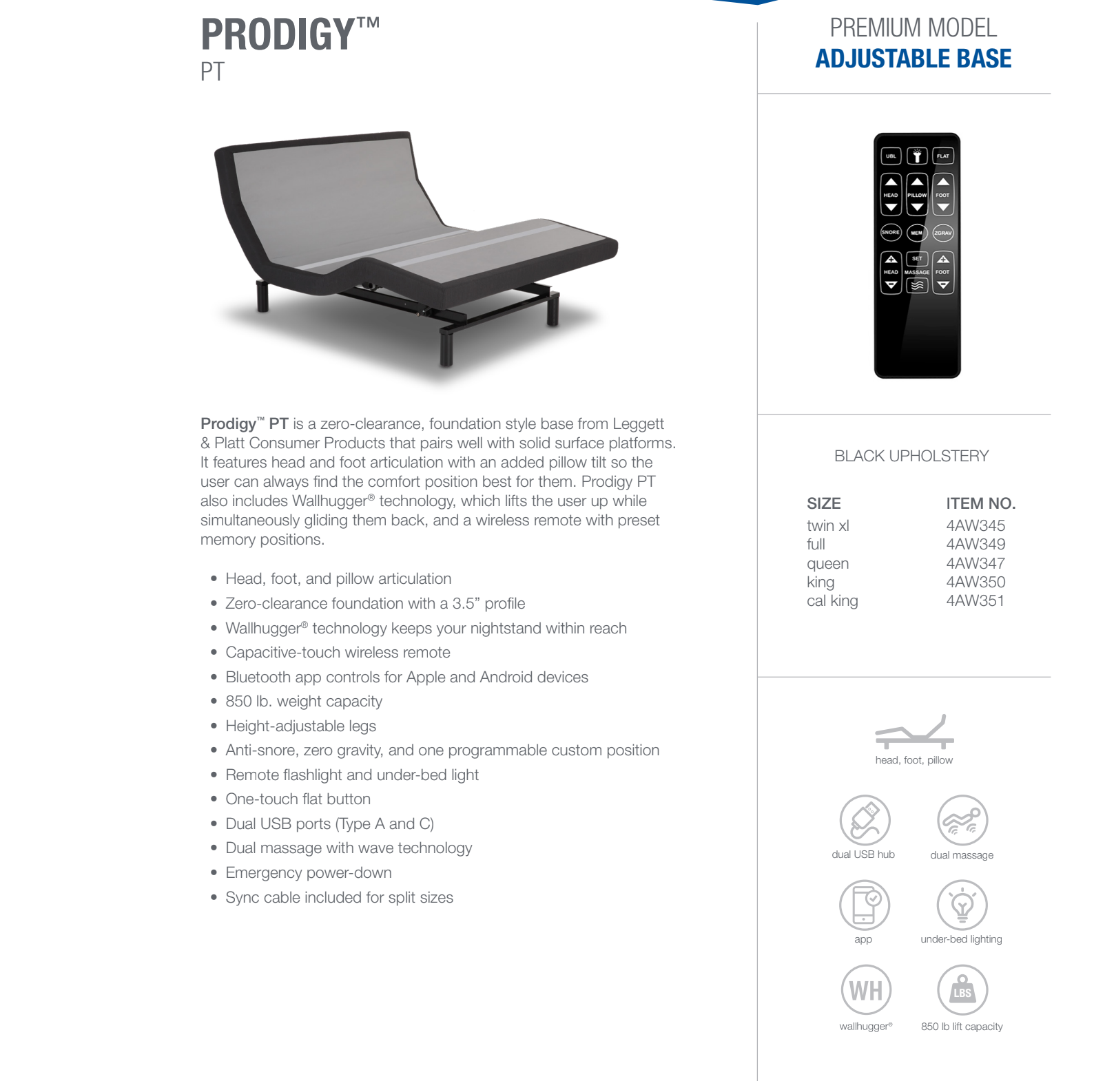 Prodigy Pillow Tilt Adjustable Bed spec sheet