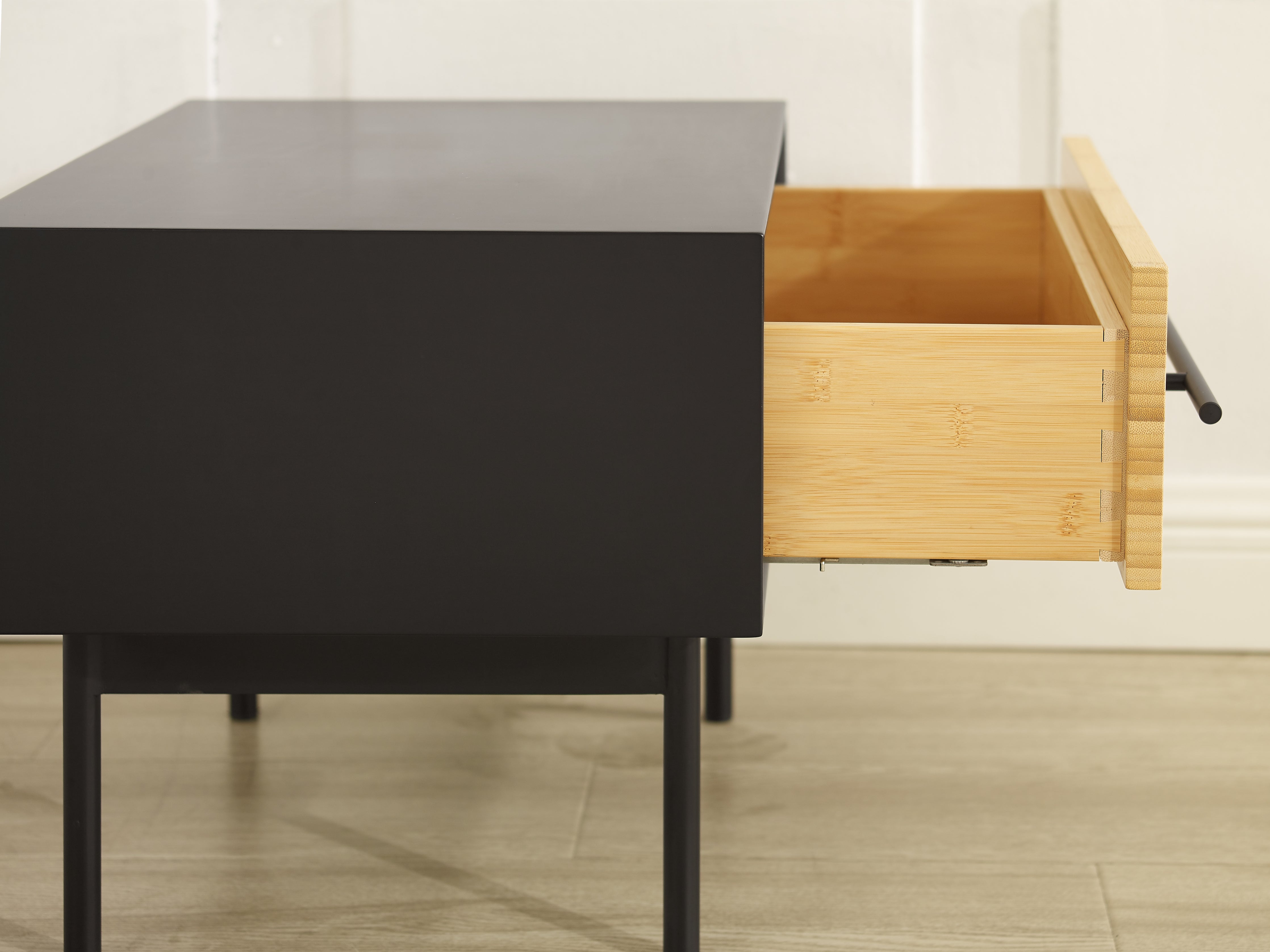 Santa Cruz Nightstand side view with drawer open